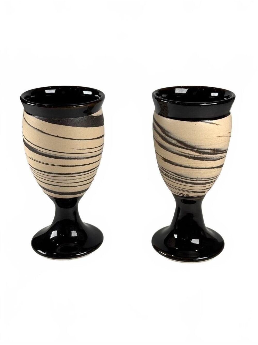 Set of 2 Studio Pottery Goblets Marbled Swirl Black Glaze Handmade Contemporary